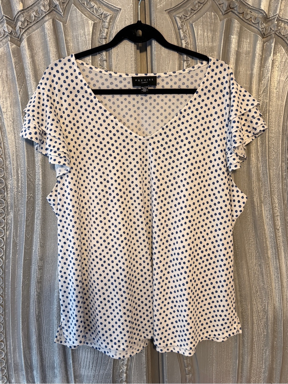 Premise White Blouse with Royal Blue Polka Dots and Flutter Sleeves